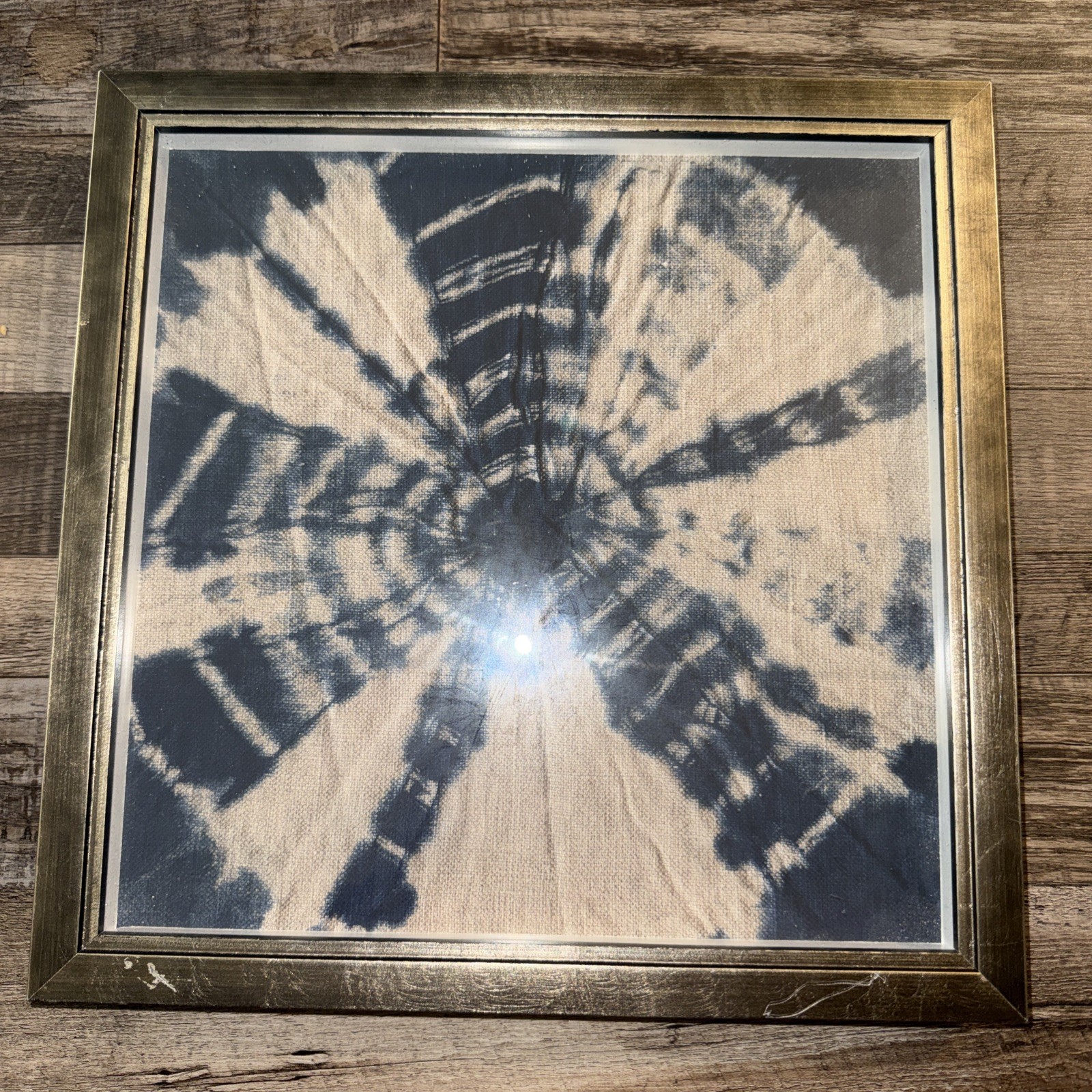 Framed Textile Tie Dyed  Cloth Art Blue And Gray Boho Professionally Framed