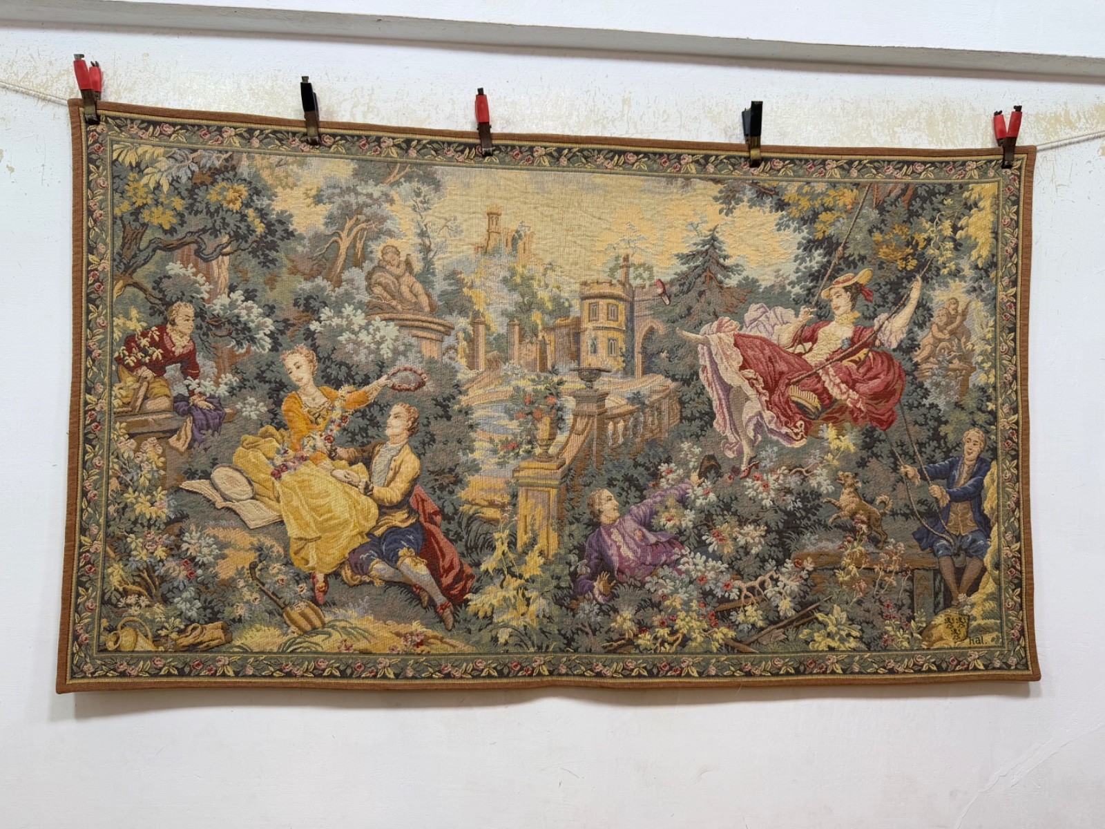 Vintage Fabulous French Aubusson Style Pictorial Figurative Tapestry 70x122 Cm