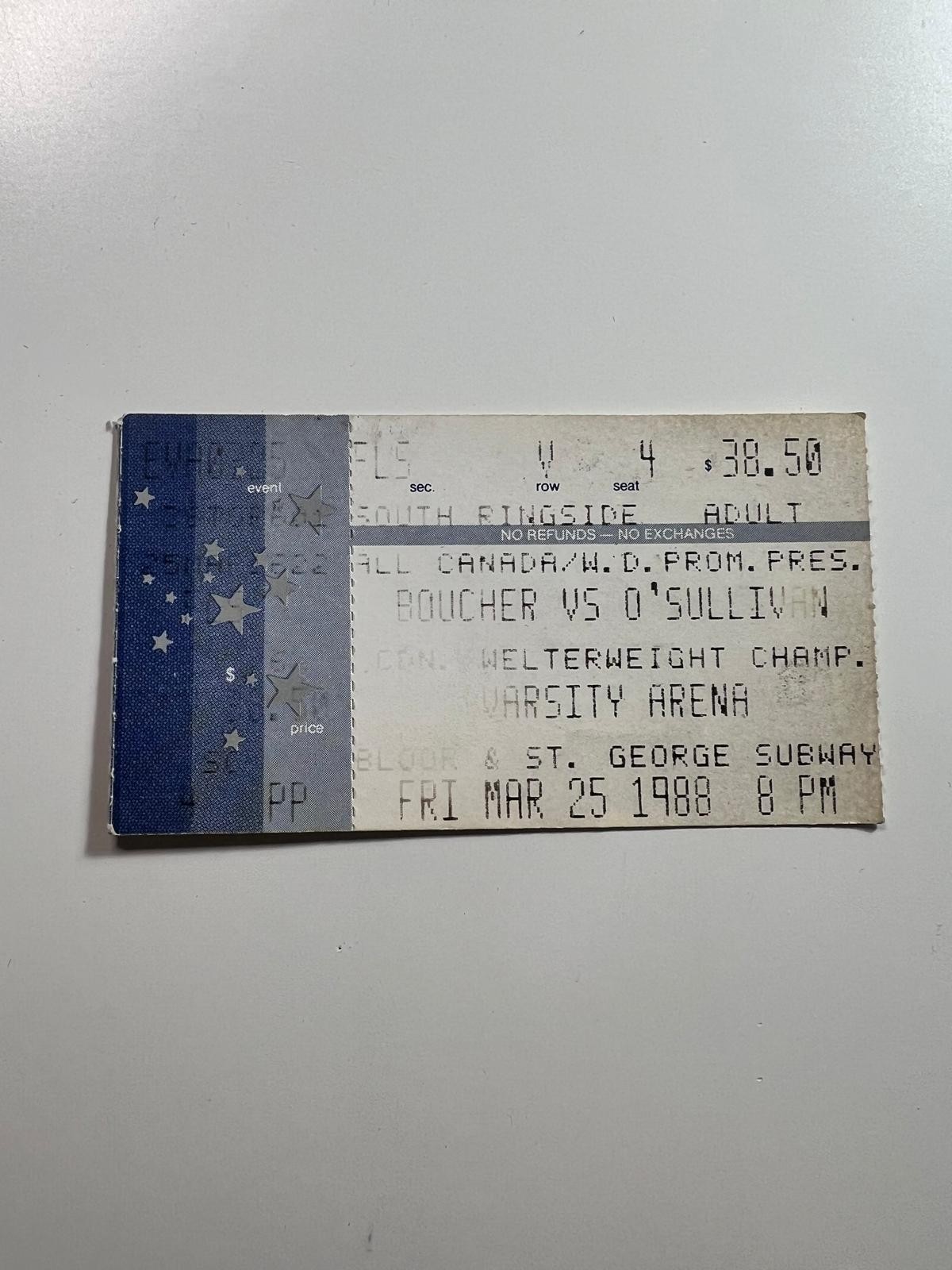 1988 Canadian Welterweight Title Ticket Stub – Boucher vs O’Sullivan RARE