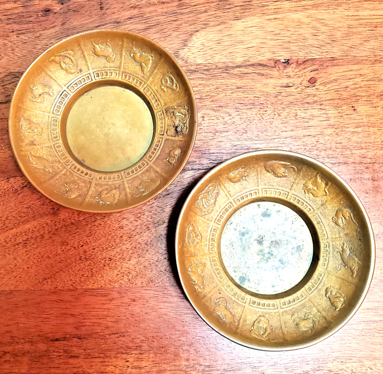 Vtg Solid Brass Chinese Zodiac Trinket Votive Coin Dish 4" MCM Korea Set of 2