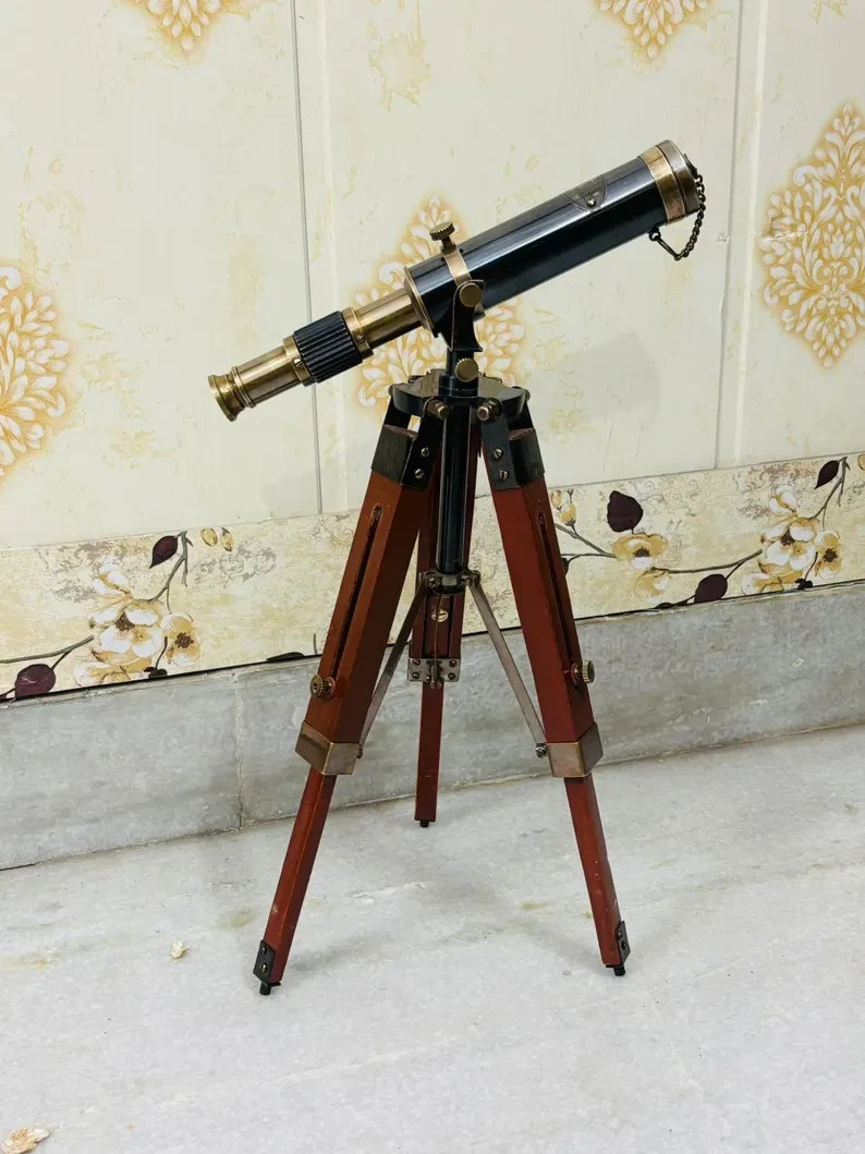 Vintage Style Brass Telescope with Wooden Tripod – Nautical Decor