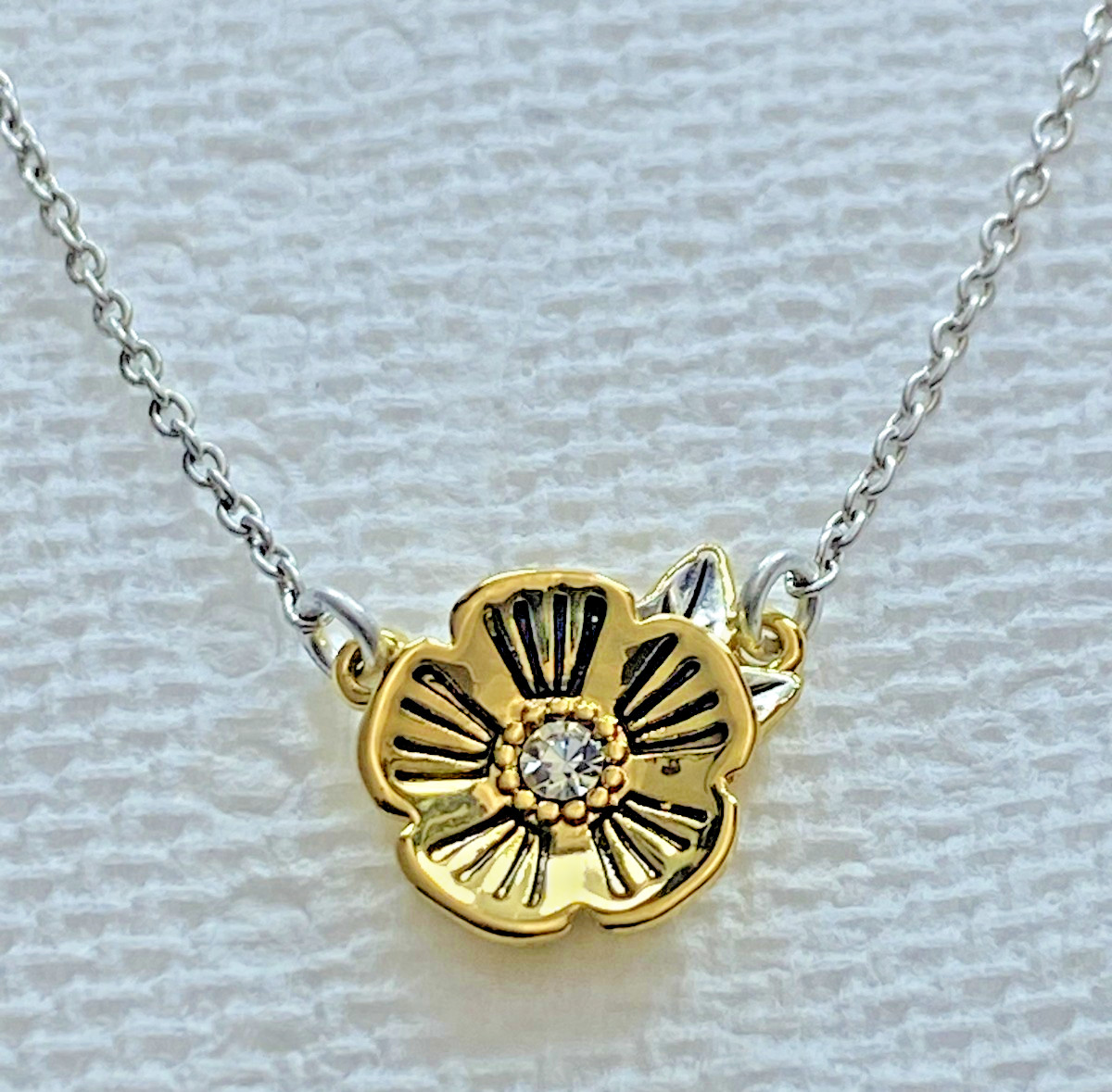 Coach Tea Rose Crystal Pendant Necklace Gold Tone 18" + 1" Ext