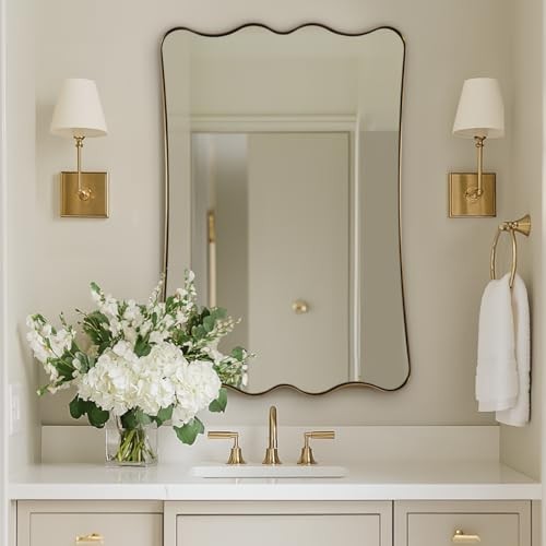  24x36 Gold Bathroom Mirror, Brushed Brass Wavy 36"L x 24"W Brushed Gold