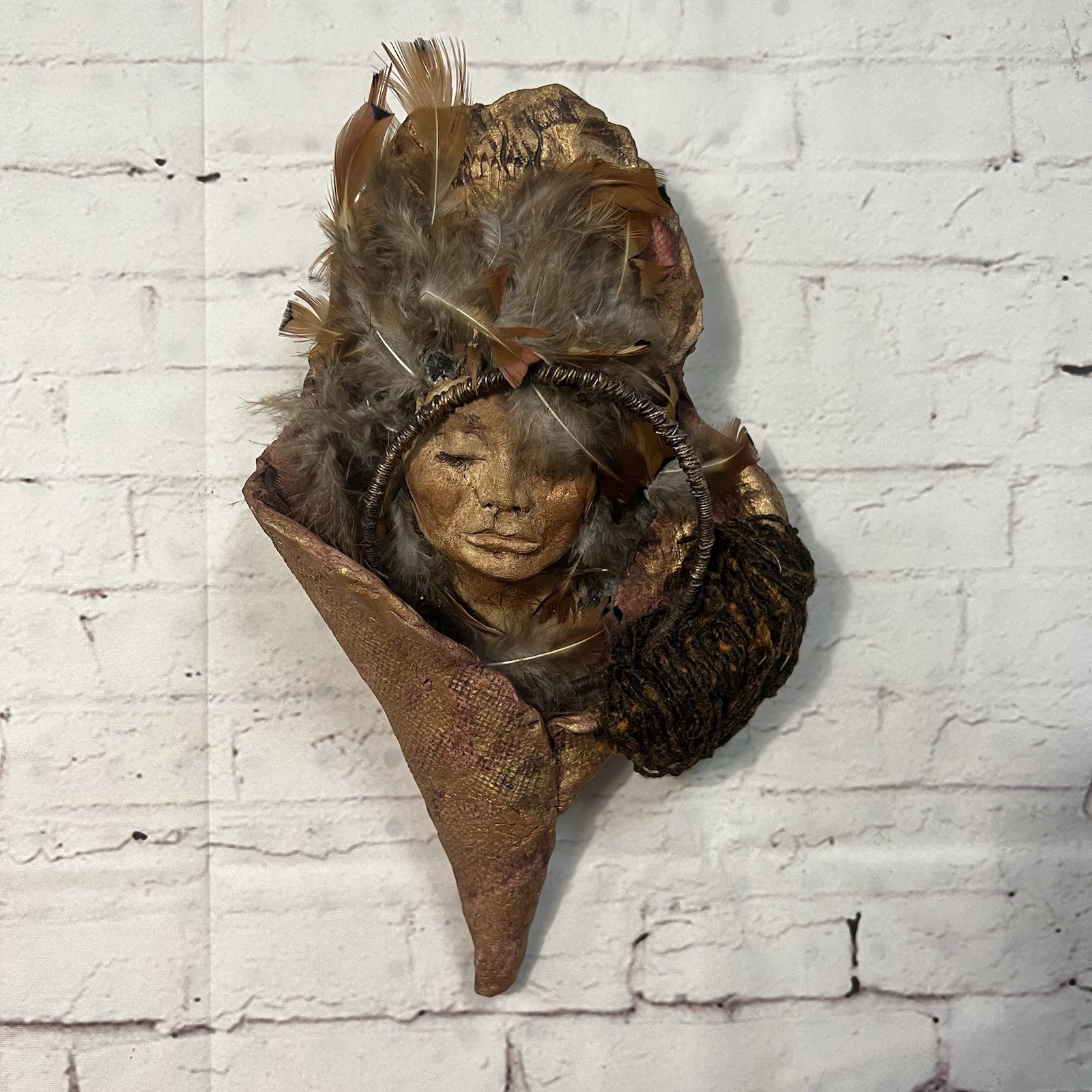 Wall Art Mixed Media Tribal Woman Face Tranquil Feathers Fabric