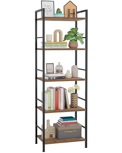  5-Tier Book Shelf - Wood & Metal Bookshelf with (5-Tier)16.5"×11.0"×50" Brown
