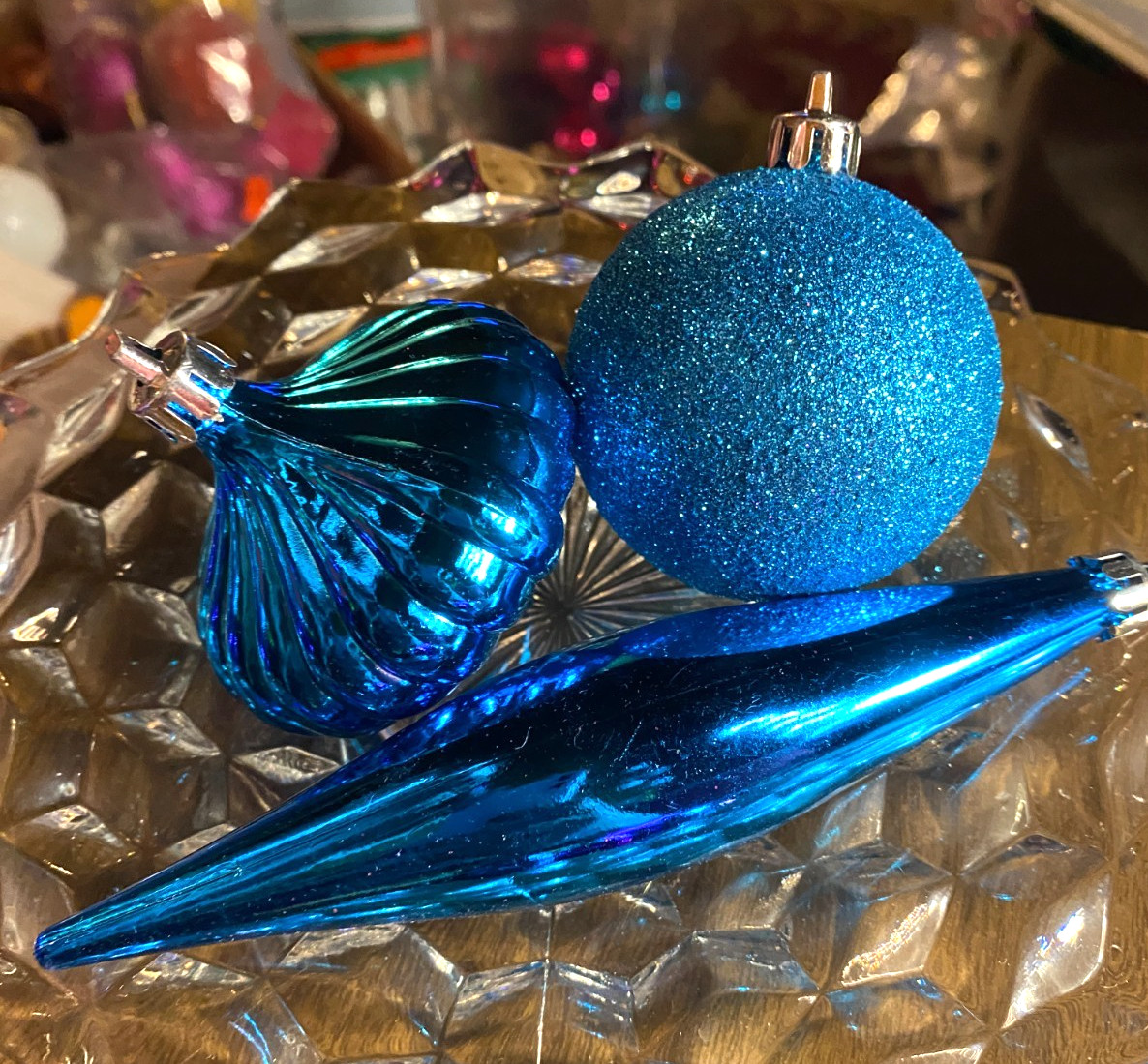 3 Blue Round & Teardrops Glitter Shatterproof Christmas Ornaments 2"-6"