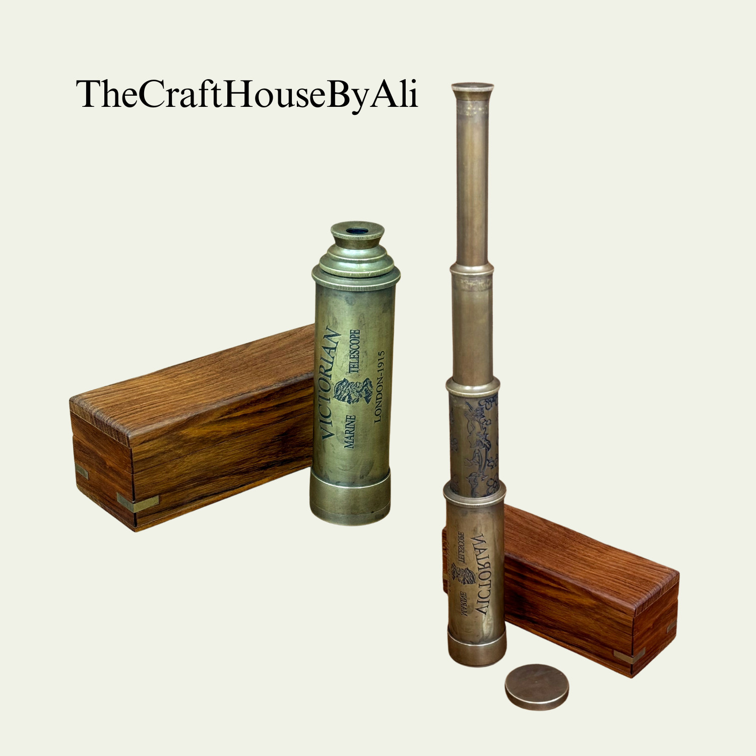 Brass Victorian Telescope Marine with Wooden Box - London 1915 Vintage Nautical