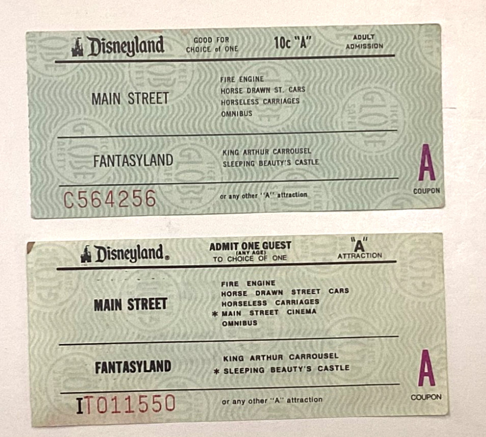 2 Unused Disneyland “A” Tickets from Adult Ticket Books  1960’s-1980’s