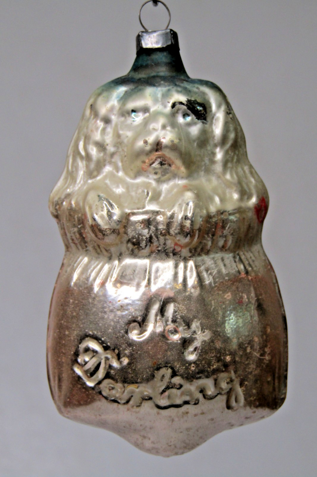 Antique VTG Glass MY DARLING Embossed POODLE DOG in SAC Christmas Ornament