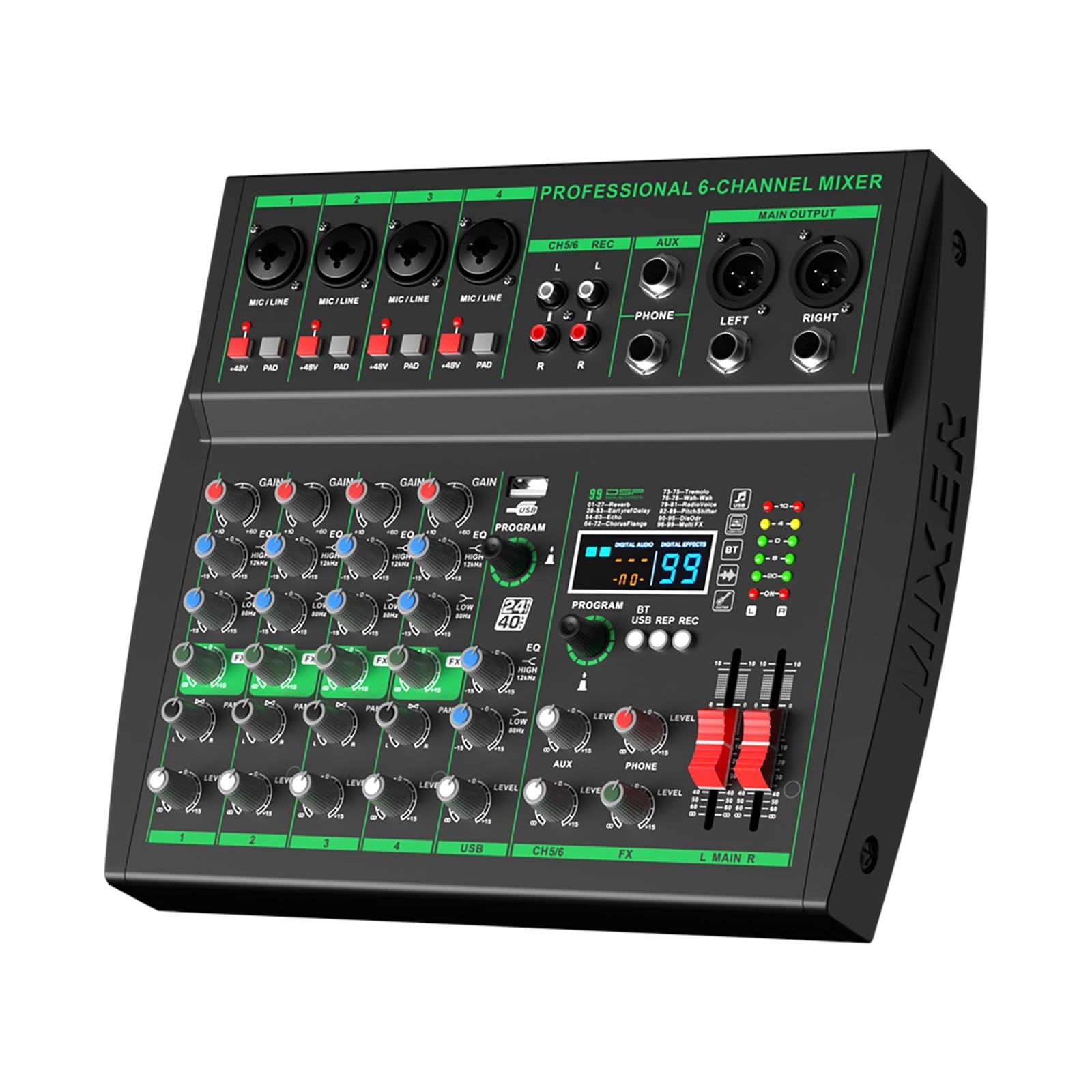 MW-6 black 6-Channel Professional DJ Audio Mixer Portable Controller Mixer wi...