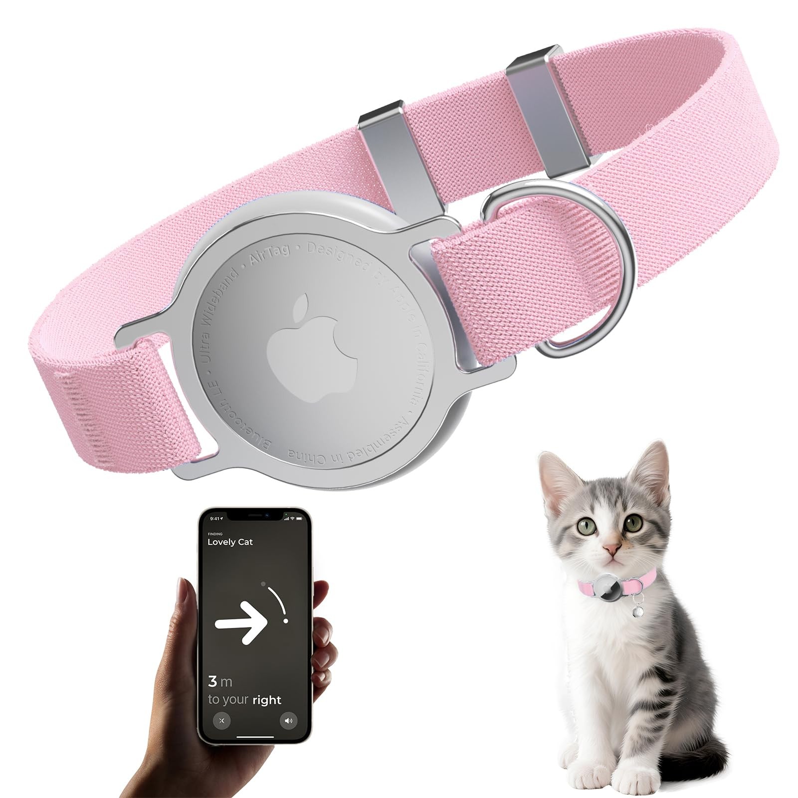 AirTag Cat Collar, Ultra Elastic Tracker Airtag Holder Pink 