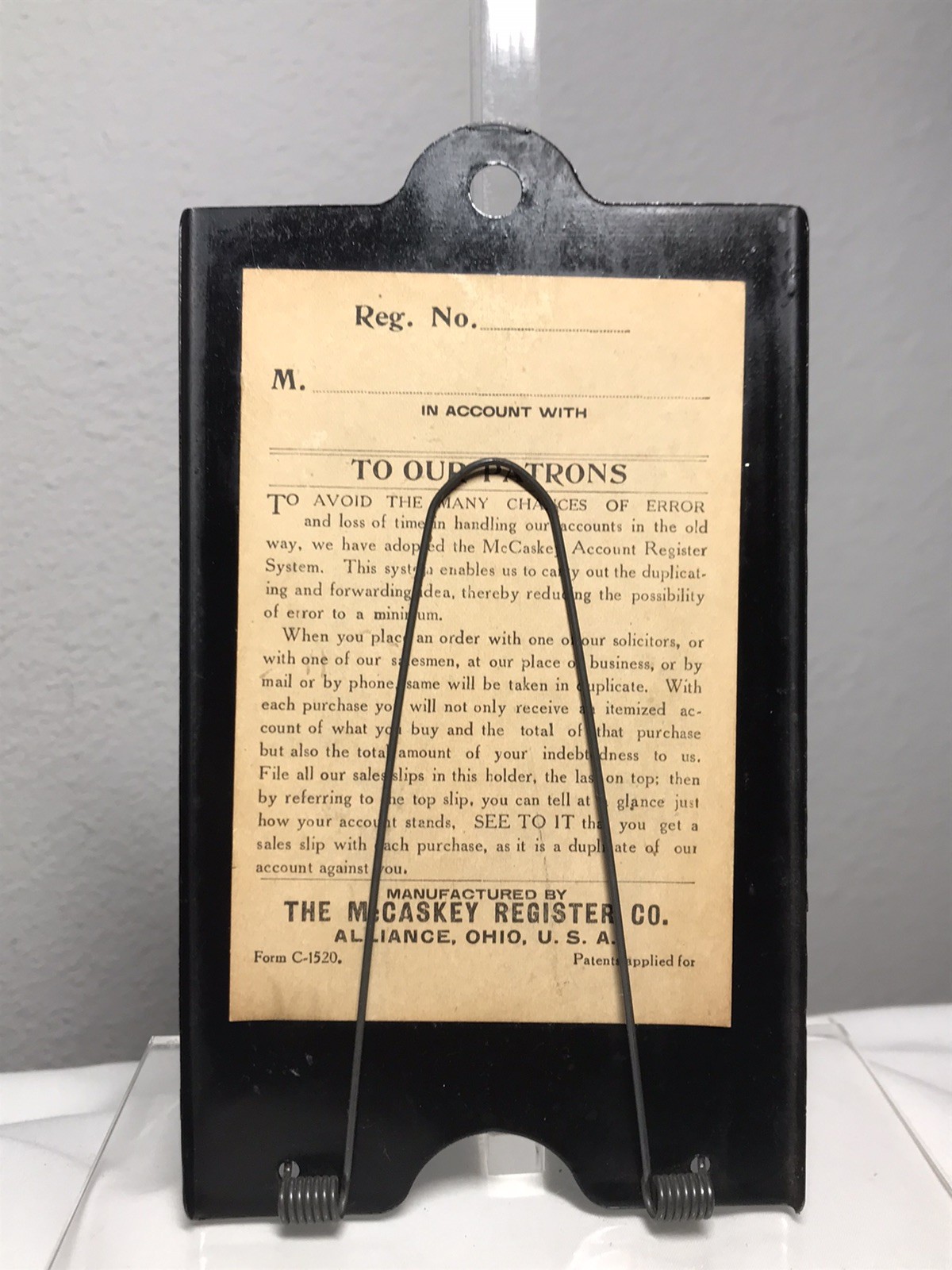Antique McCaskey Register Co. Alliance OH Metal Spring Receipt Holder ~ Black