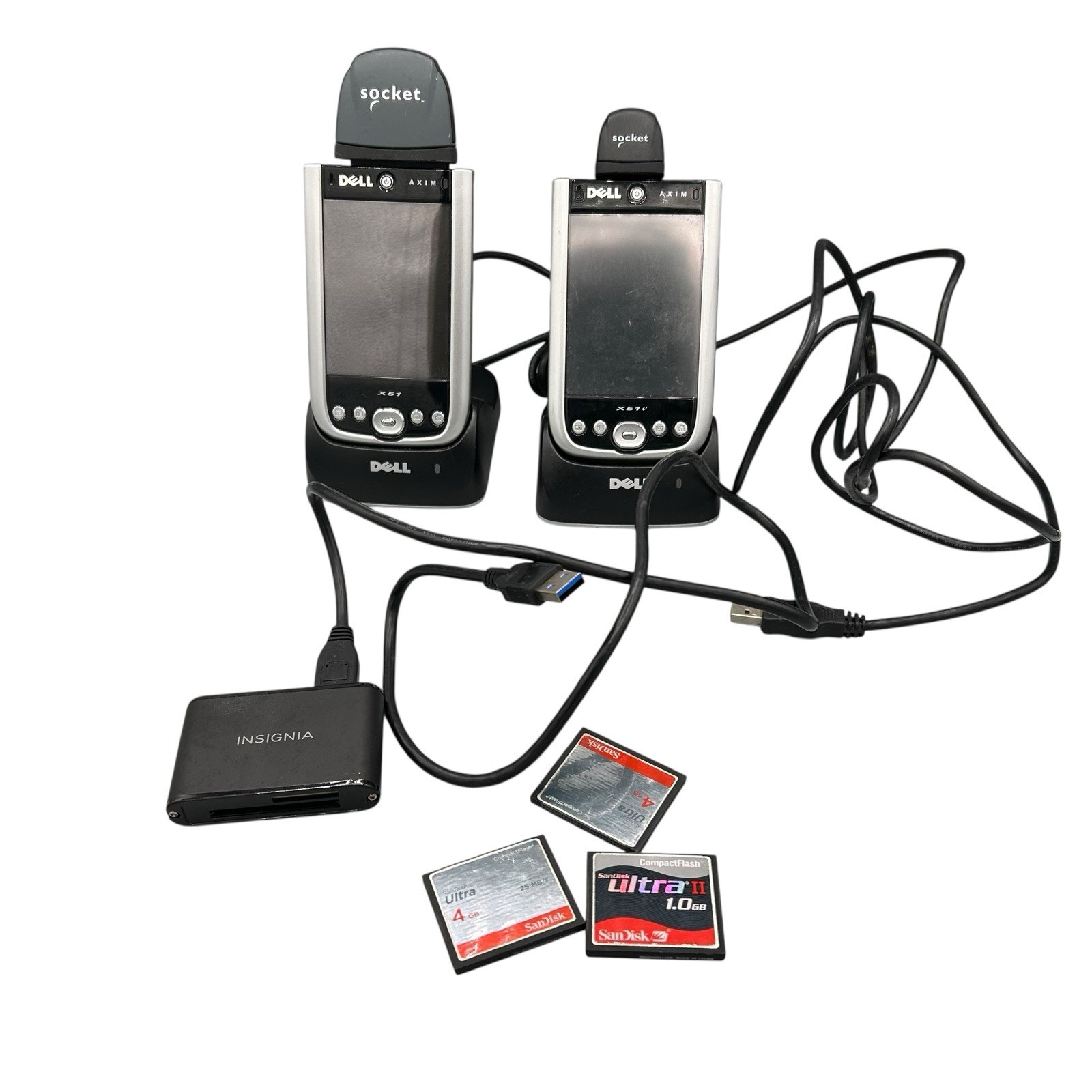WORKING DELL AXIM X51 PDA LOT (2) + DOCK + SCAN CARDS + CF MEMORY + CHARGER