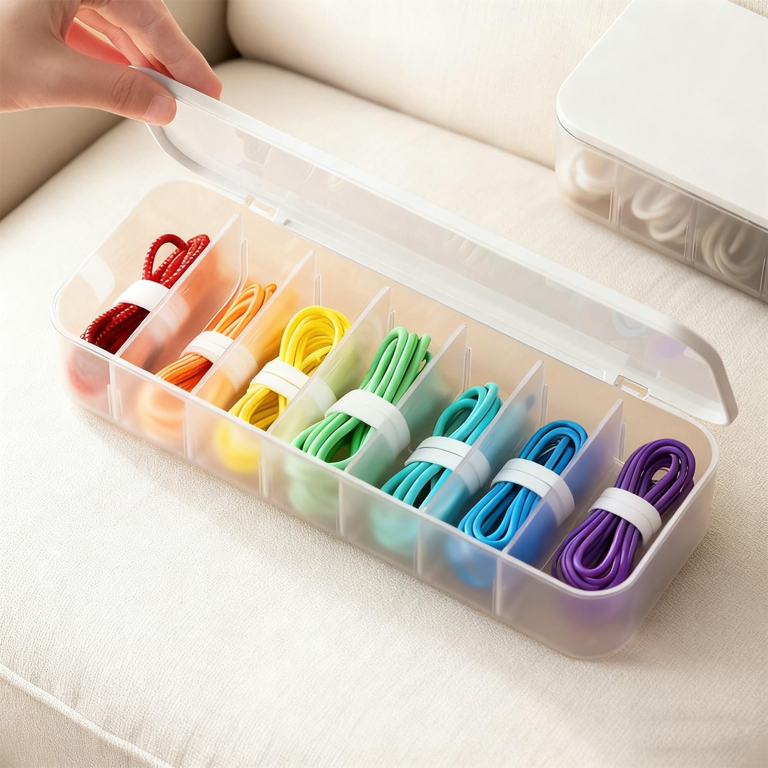 Cord Organizer Box with Lid, 7 Compartment Cable 1pack, white+clear 