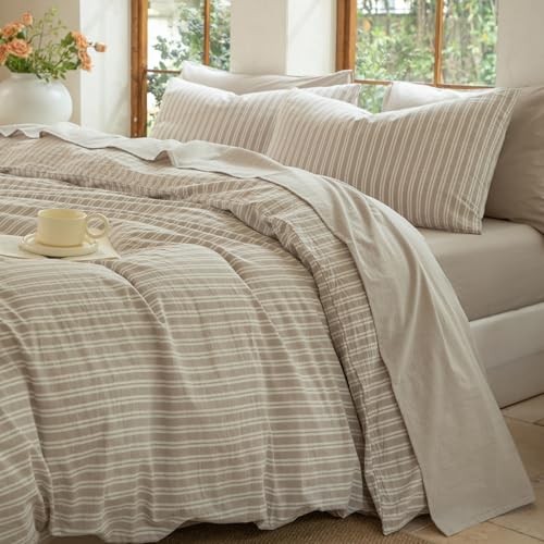 Bedding Sheet Set 4 Pcs,100% Washed Cotton Linen Like,1 Fitted King Beige