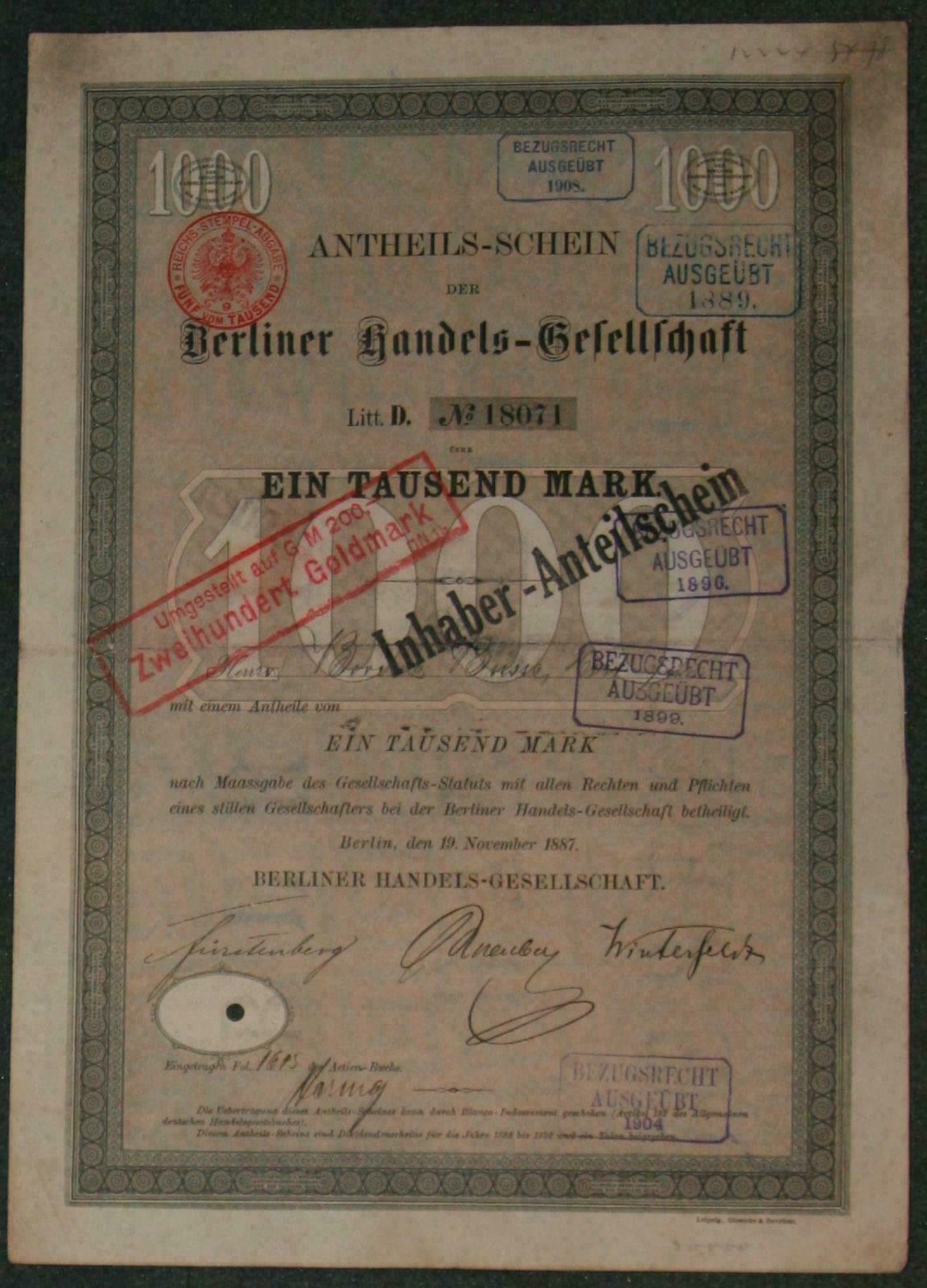 Berlin Trading Company 1887 1000 Mark