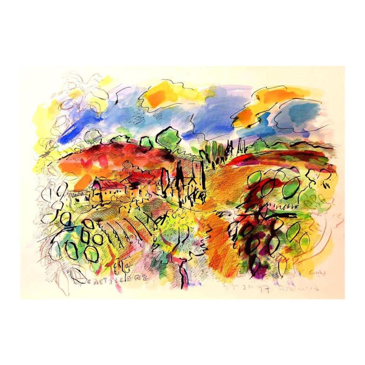 Wayne Ensrud, "Castellare Vineyard in Chianti, Italy" Mixed Media Original Artwo