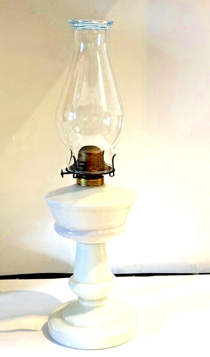 Coal Oil Table Lamp – Farmhouse Milk Glass Base, Clear Swirl Glass Shade