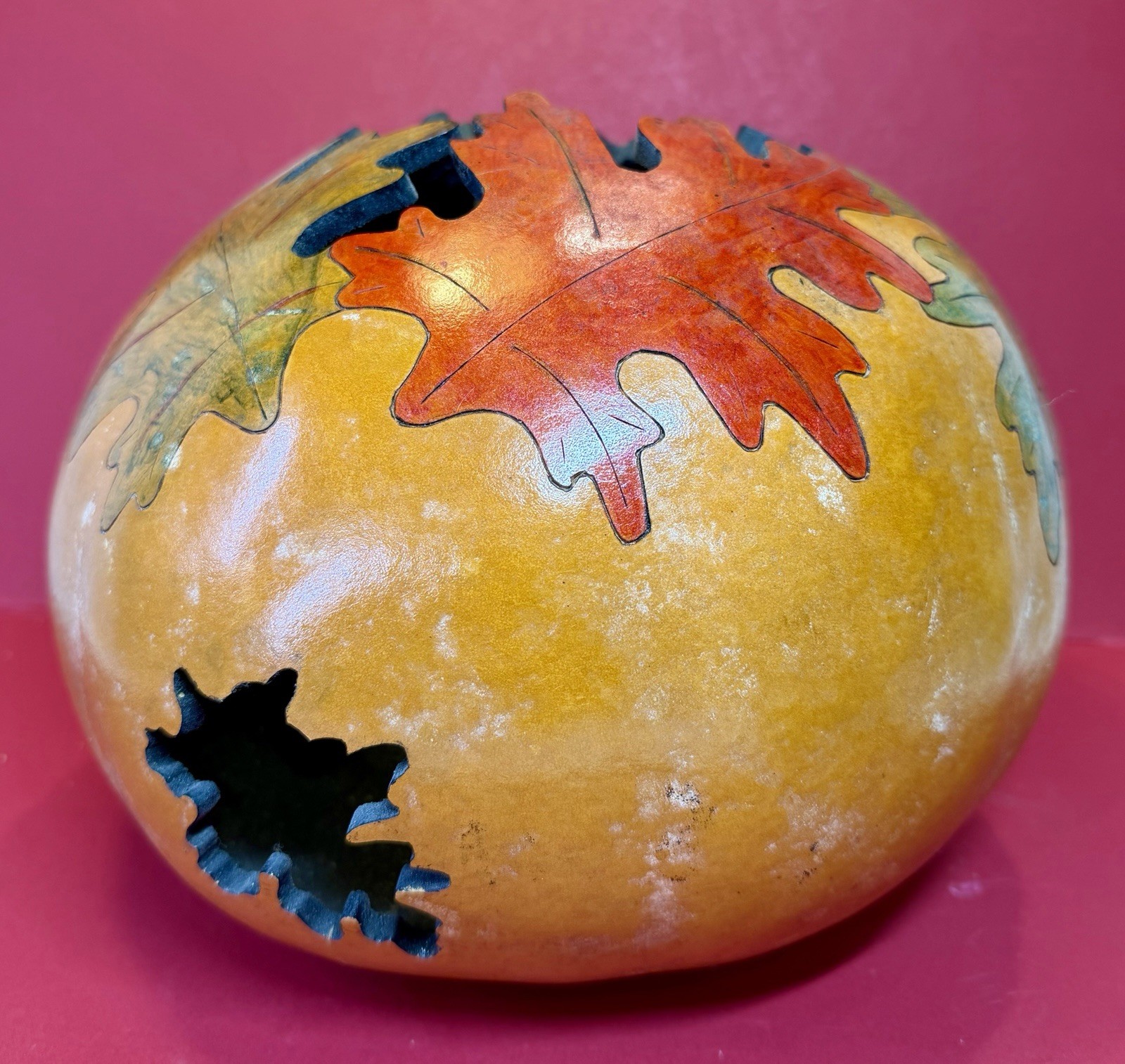 Large Handmade Carved and Painted Gourd Art Bowl, signed by Artist  