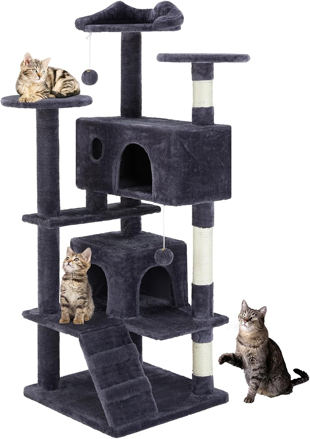 Multi-Level Pet House Large Cats with 2 Condos, Scratching Posts, Round Platform