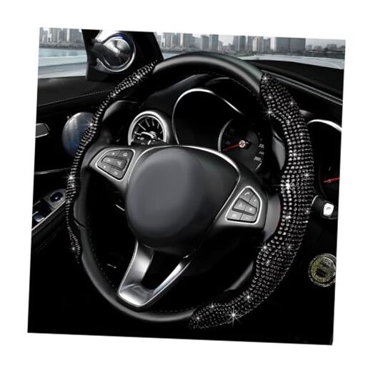 2PCS Steering Wheel Cover, Sparkling Rhinestone Segmented Steering Wheel Black