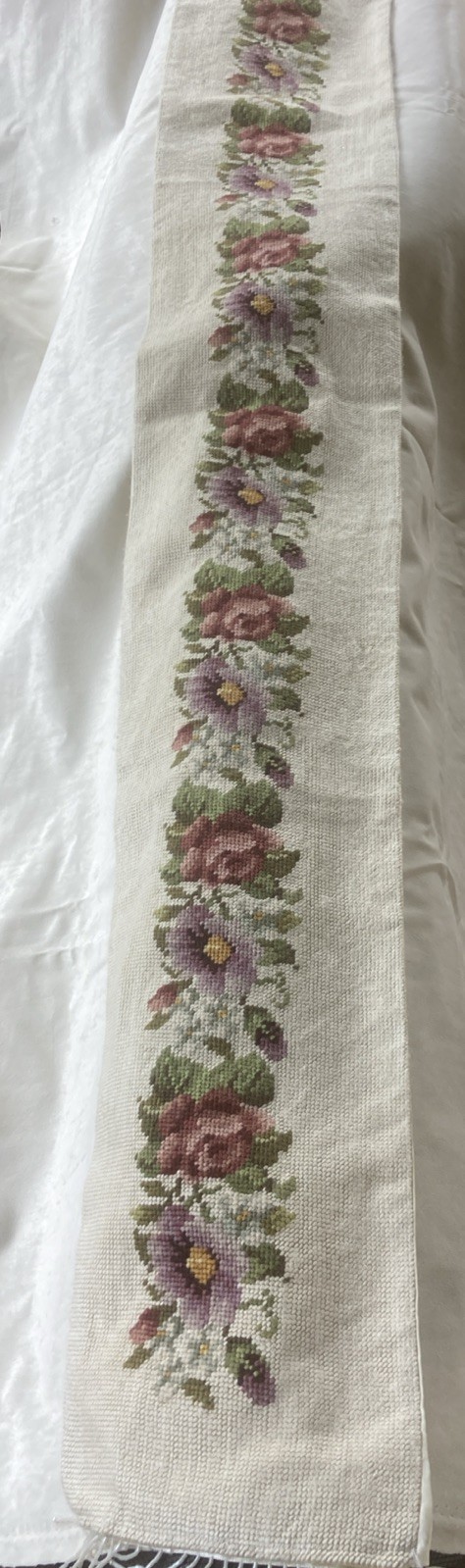 Fall Vintage 1970s Handmade Floral Bell Pull On Linen Crewel Embroidery Wall