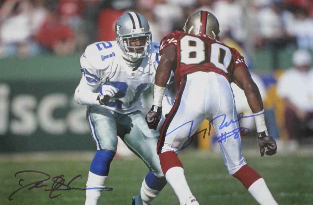 Jerry Rice Vs Deion Sanders Signed RP 8X10 Photo 49ers VS Cowboys 