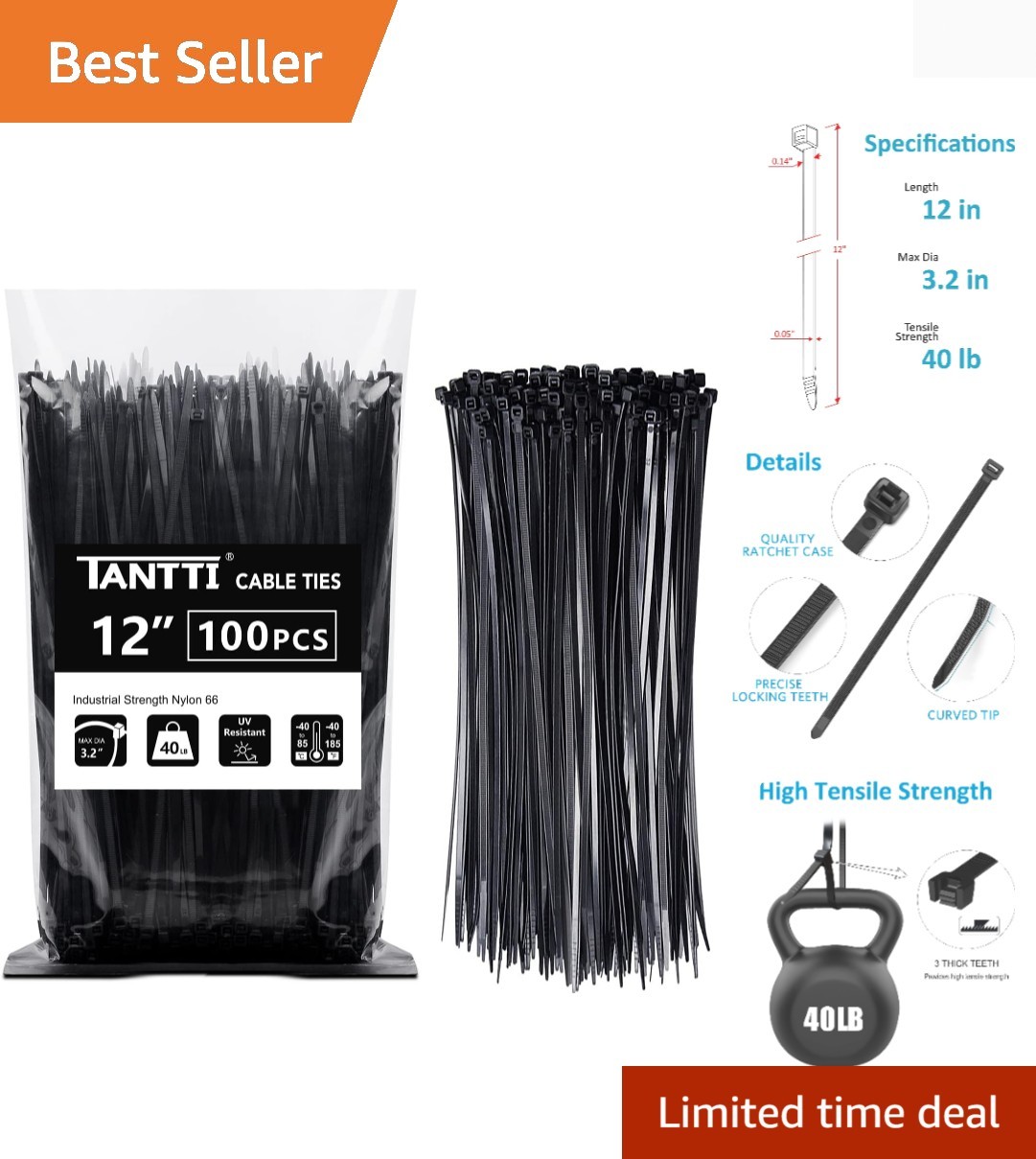 Black Zip Ties 12 Inch, 100 Pack - 40lb Strength, UV & Frost Resistant