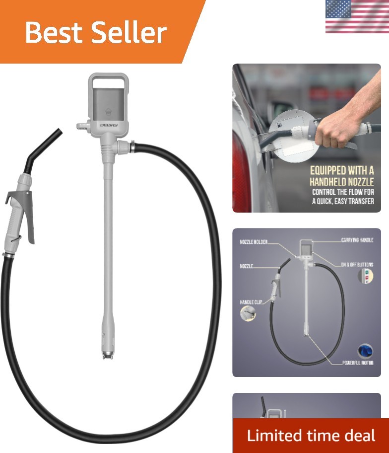 Hands-Free Battery-Powered Fuel Pump with Heavy Duty Hose - Easy Liquid Transfer