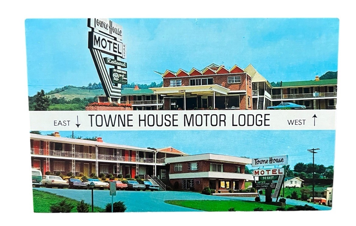 Postcard Towne House Motor Lodges 2 Motels Clarksburg W. Va. Classic Cars c1960s