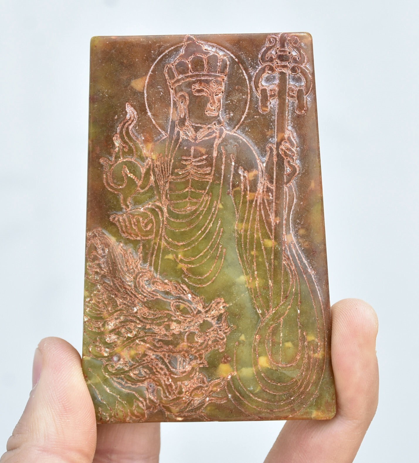 3.6" Old Chinese Xiu Jade Carved Dragon Ksitigarbha Boddhisattva Pendant