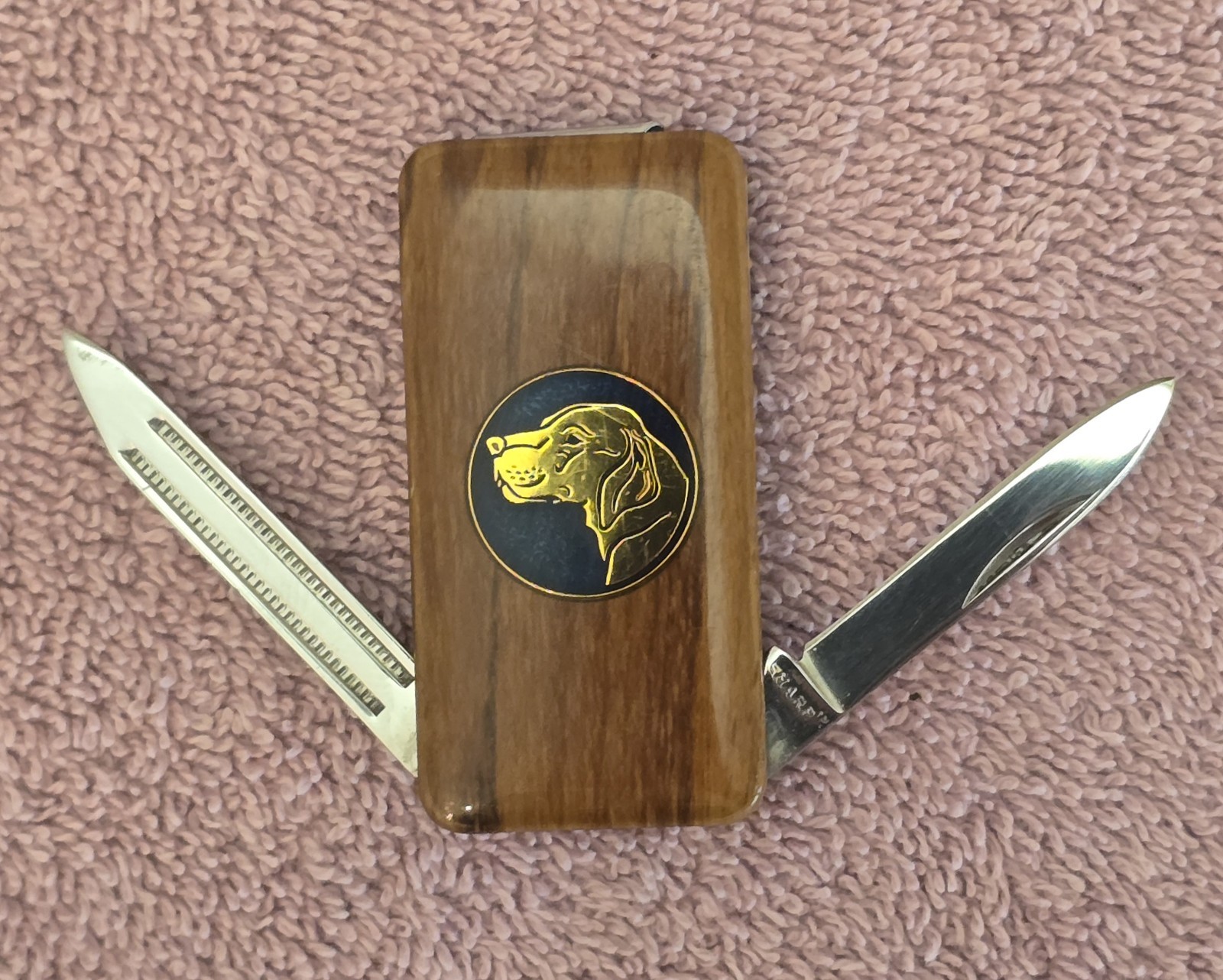 Vintage Sharp Knife Money Clip Hunting Hound Dog Enamel Wood Finish Japan