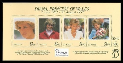 St Kitts 1998 MNH SS, Princess Diana, Surcharge for Princess of Wales