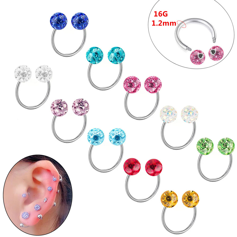 3pcs Steel Epoxy Crystal Horseshoe Nose Ring Bar Barbell Lip Ear Tragus Piercing