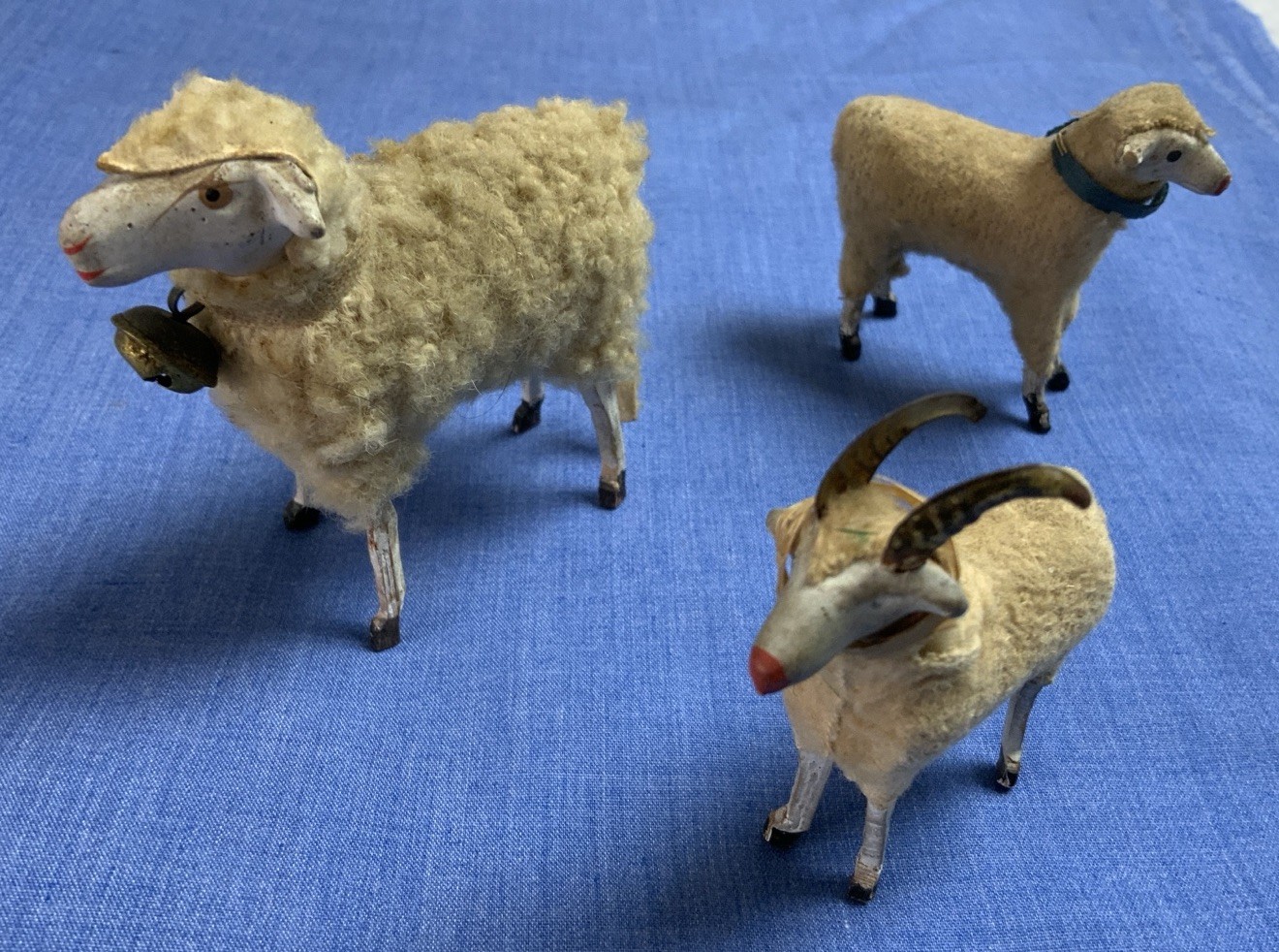 Three Antique Putz Sheep, Germany, Early 1900’s, One With Antlers, Primitive