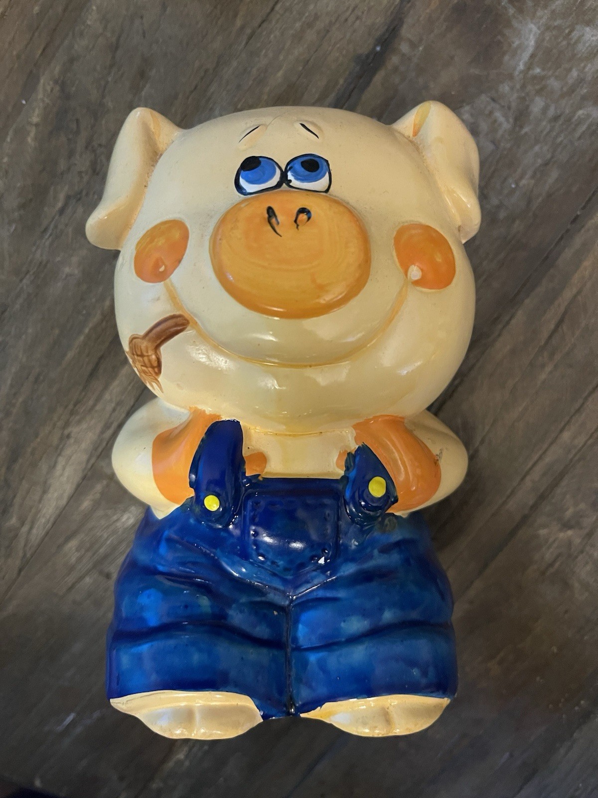 Vintage Chalkware Pig Piggy Bank – Hand-Painted Pig in Blue Jean Overalls
