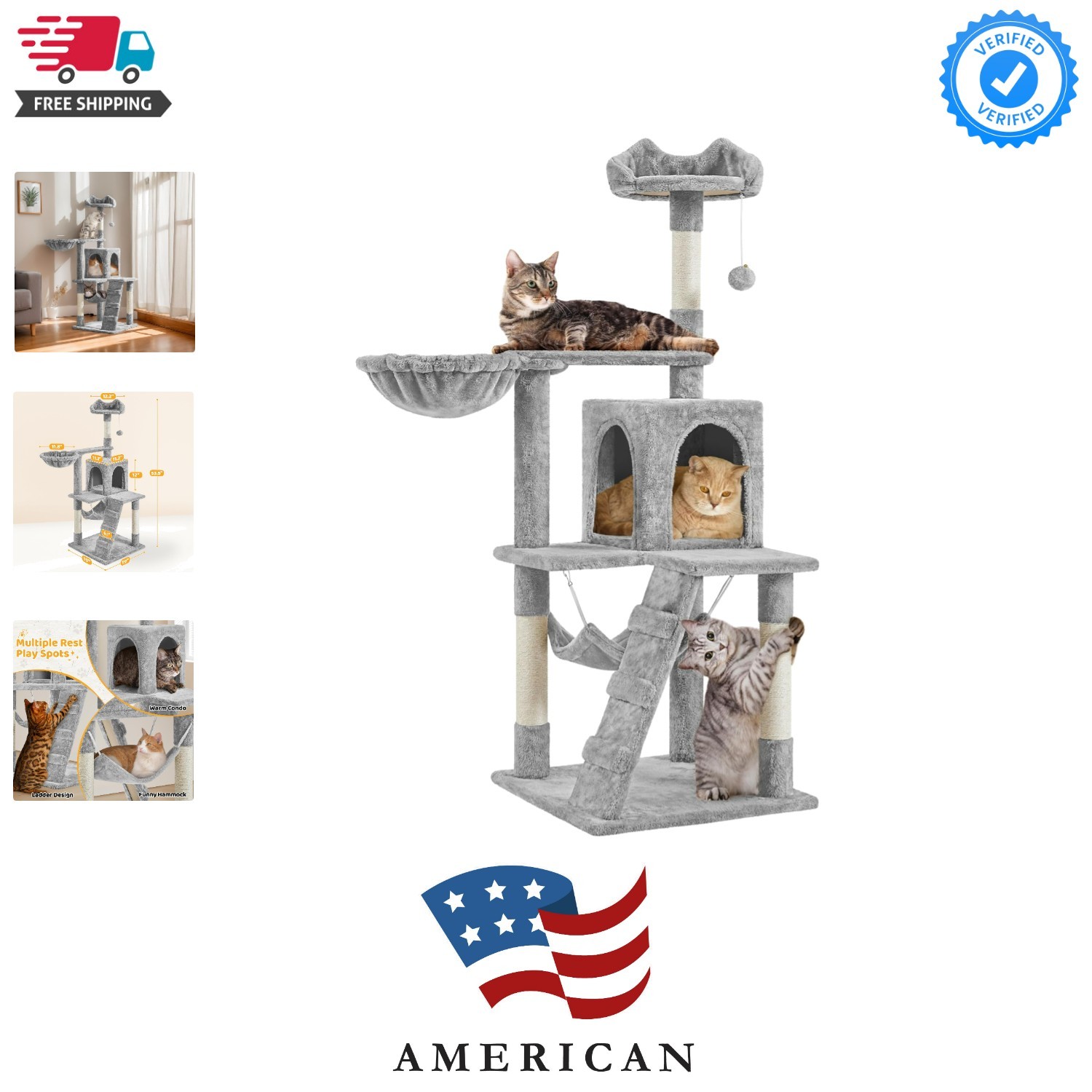 54in Cat Tree | Multi-Level Cat Tower w/Spacious Perch, Cozy Condo and Hammoc...