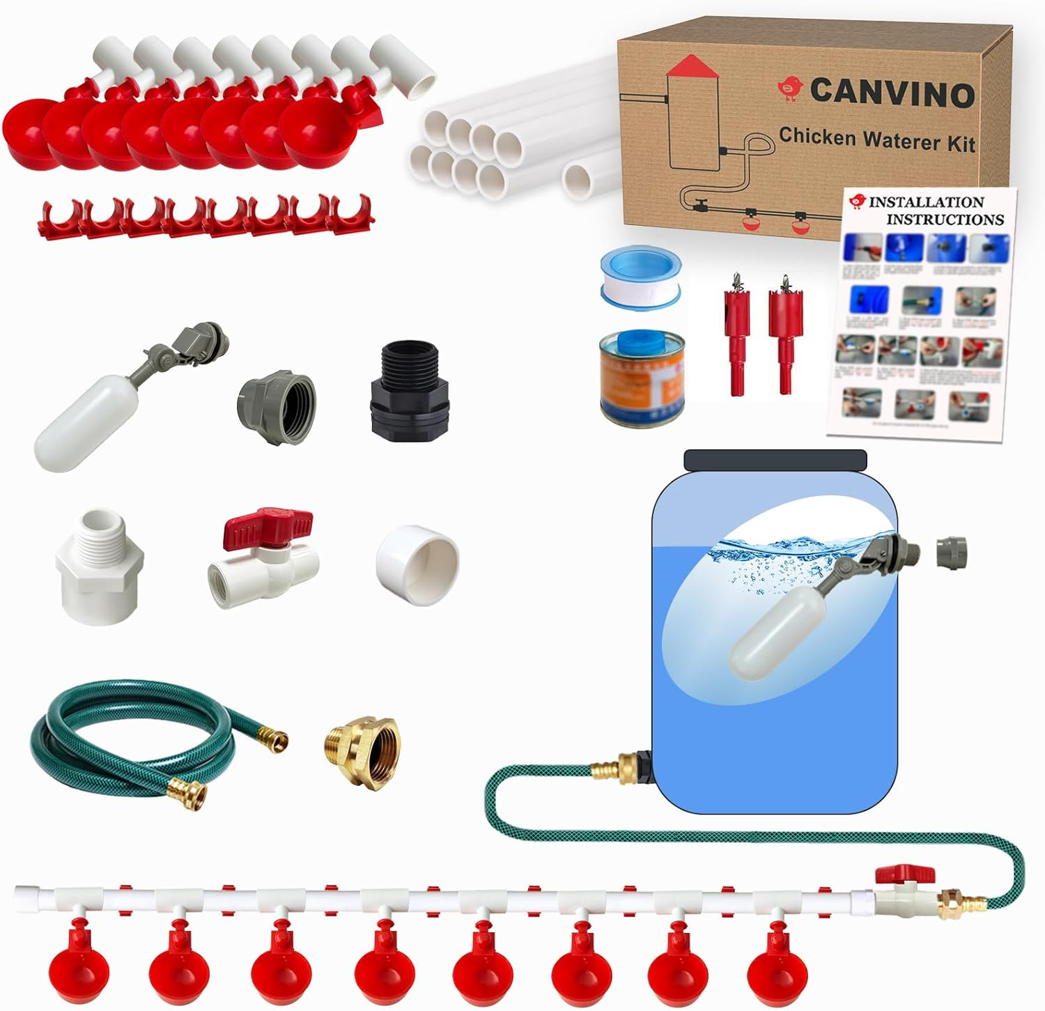 Automatic Chicken Waterer System (45 Accessories Included), Complete PVC Pipelin