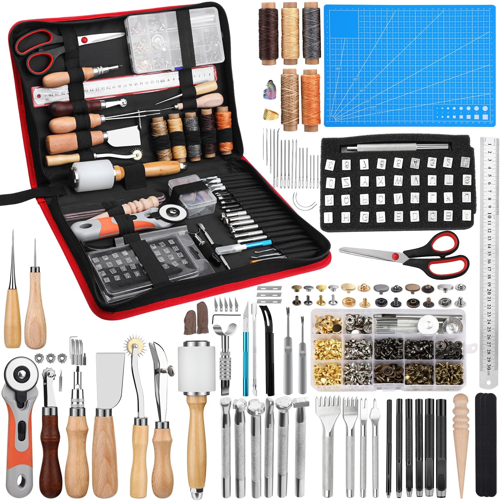 Leather Craft Tools, Leather Working Kit with Snaps and Rivets Kit Stamping T...