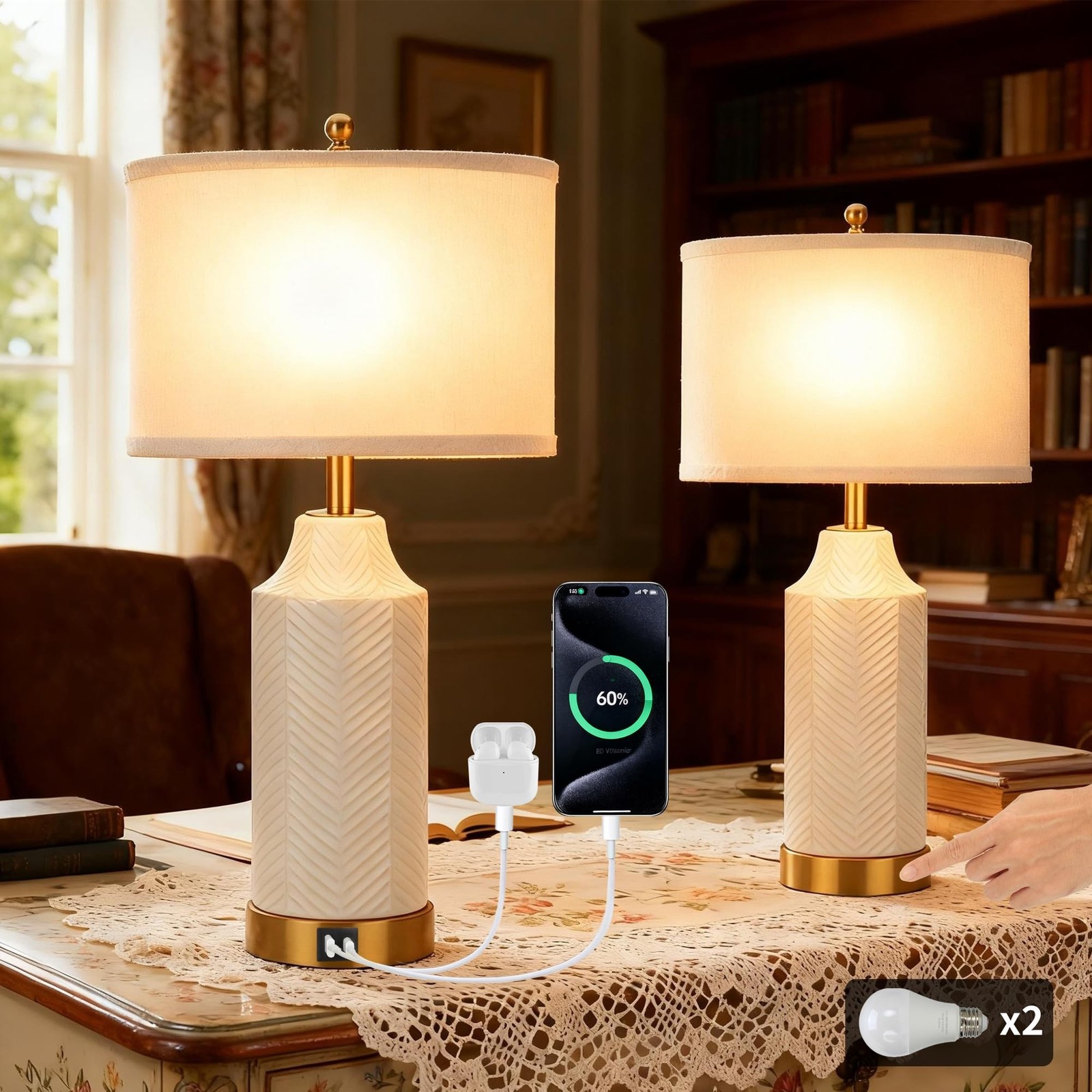 22" Ceramic Table Lamps with USB A+C Ports for Living Room, 3-Way Dimmable Ni...