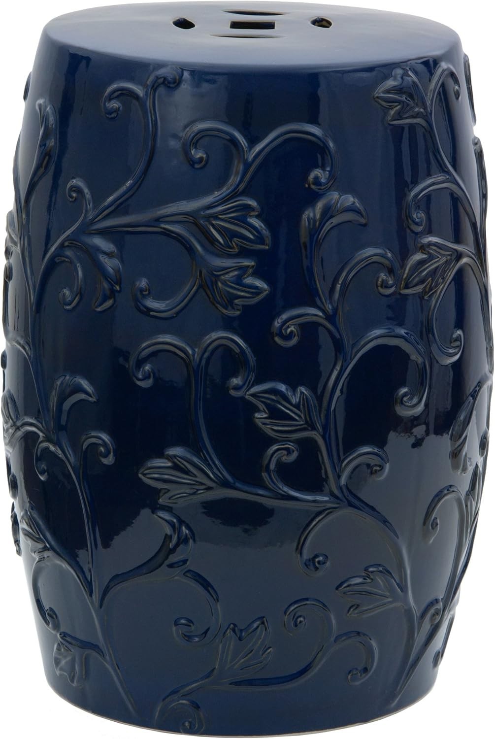 18" Dark Blue Carved Flowers Porcelain Garden Stool