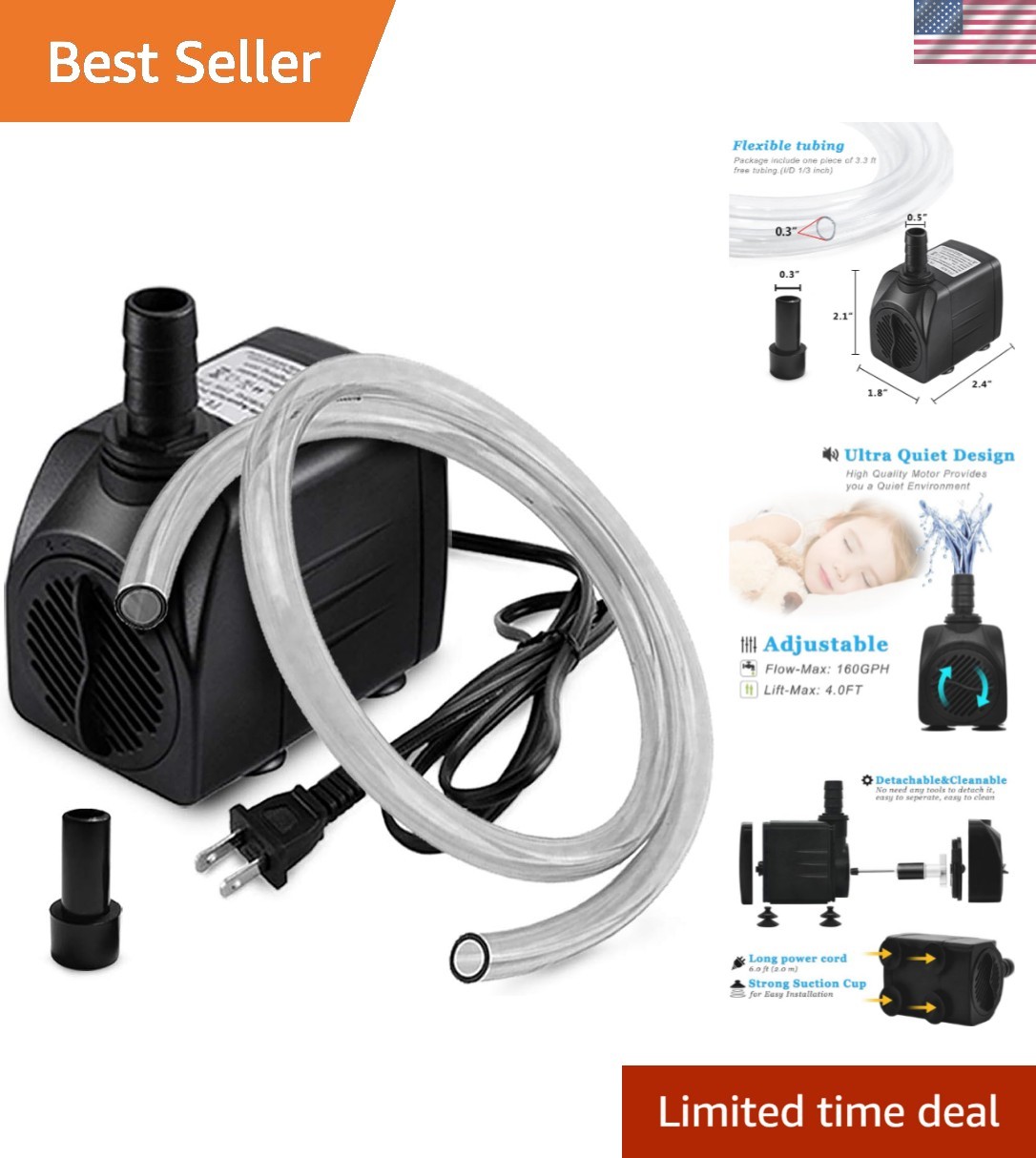 160GPH Small Fountain Pump, Ultra Quiet Submersible Water Pump 600L/H, 10Watt...