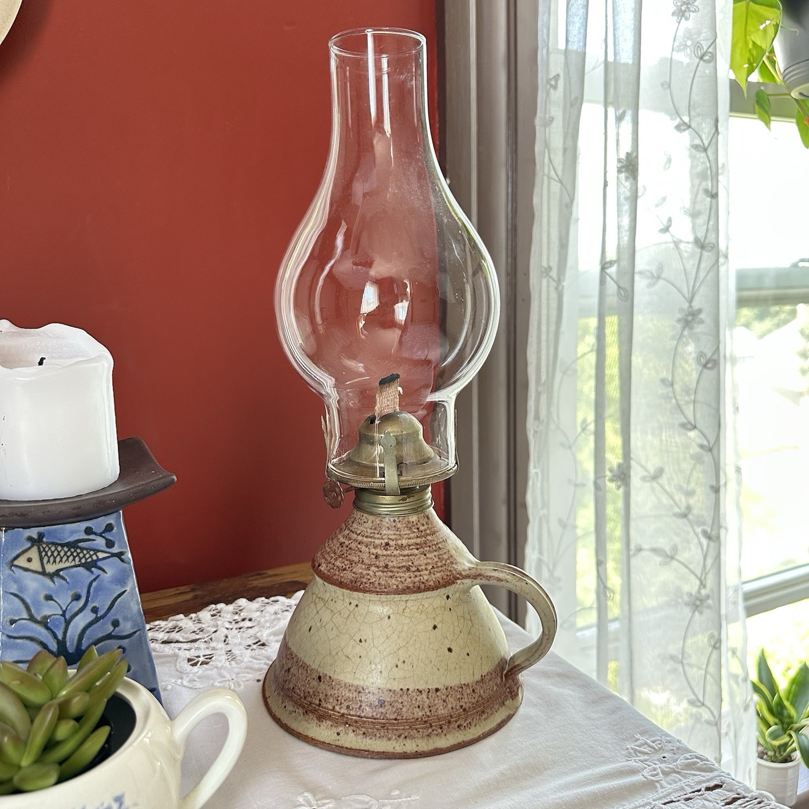 Vtg Studio Art Pottery Artist SIGNED Primitive 14.5” Ceramic Boho Oil Lamp