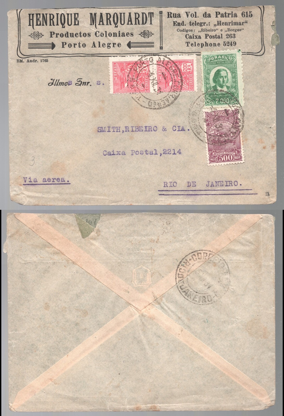 Brazil Porto Alegre to Rio de Janeiro 1931 Cover. Henrique Marquardt
