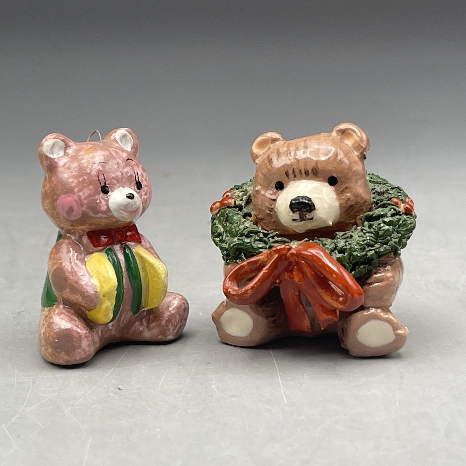 Vintage Handmade Miniature Bear Figurines Lot Of 2 Christmas Teddy Bear Signed
