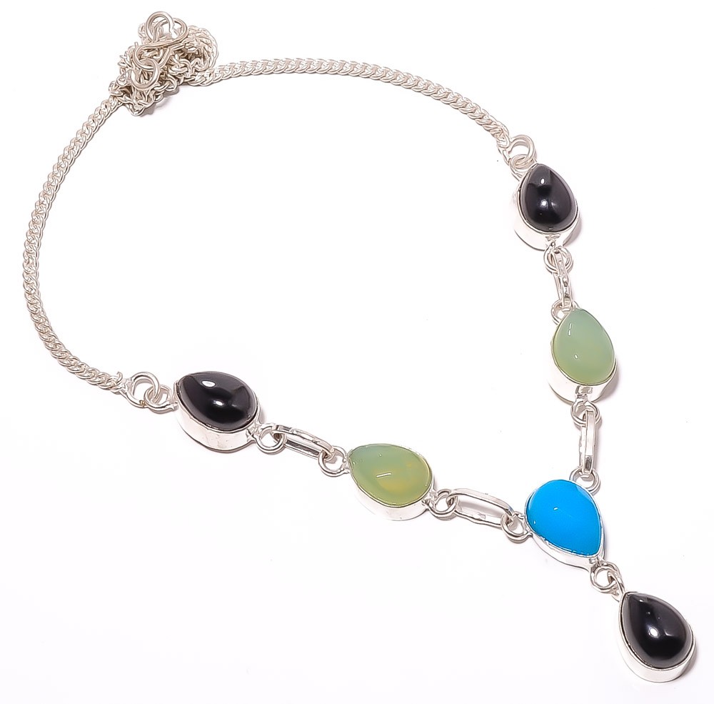 Sleeping Beauty Turquoise & Onyx 925 Sterling Silver Necklace 17.99" TN-75