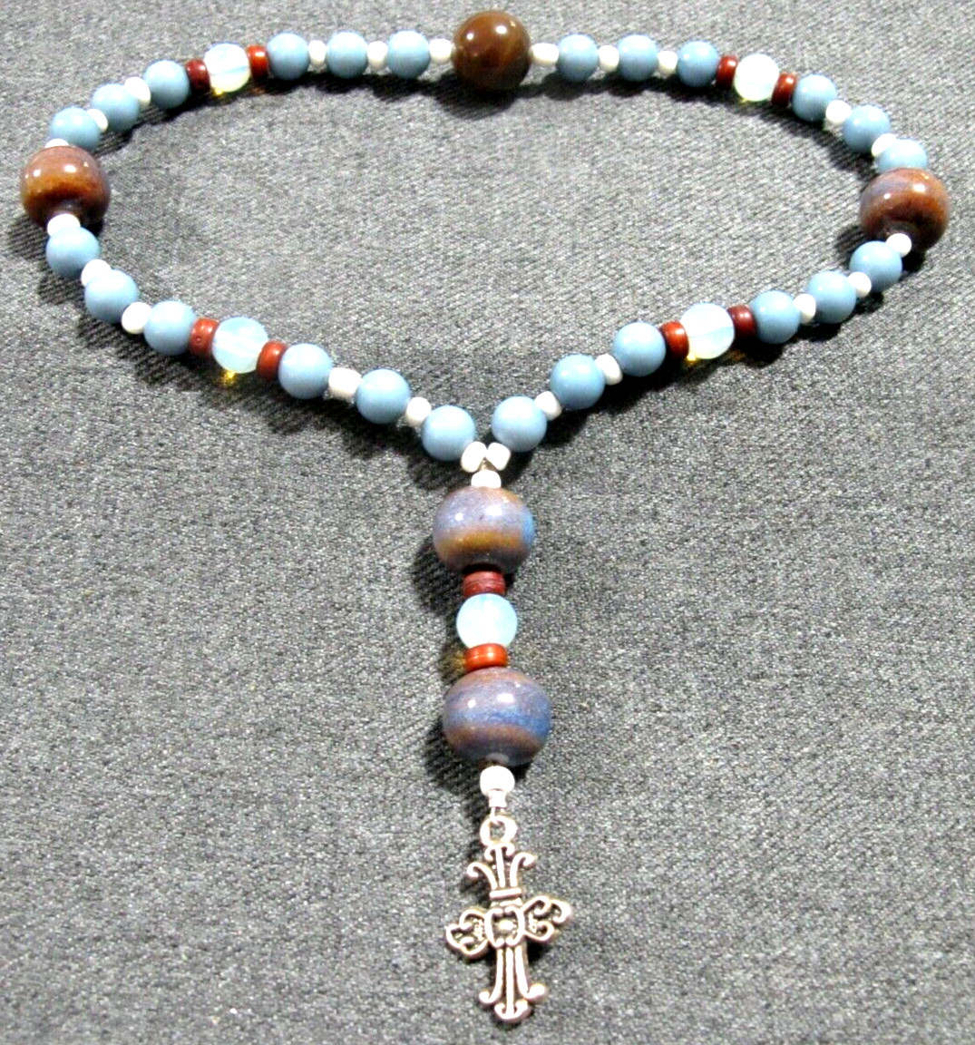 Vintage silvertone metal cross glass beads short rosary