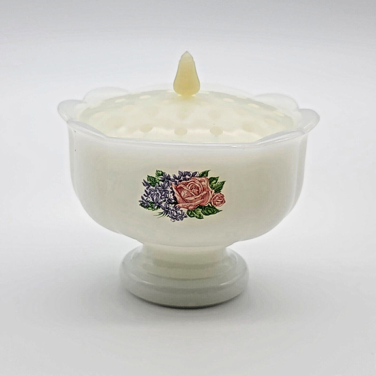 Vintage Avon White Milk Glass Hostess Blossoms Soap Dish Pedestal w/ Floral Frog