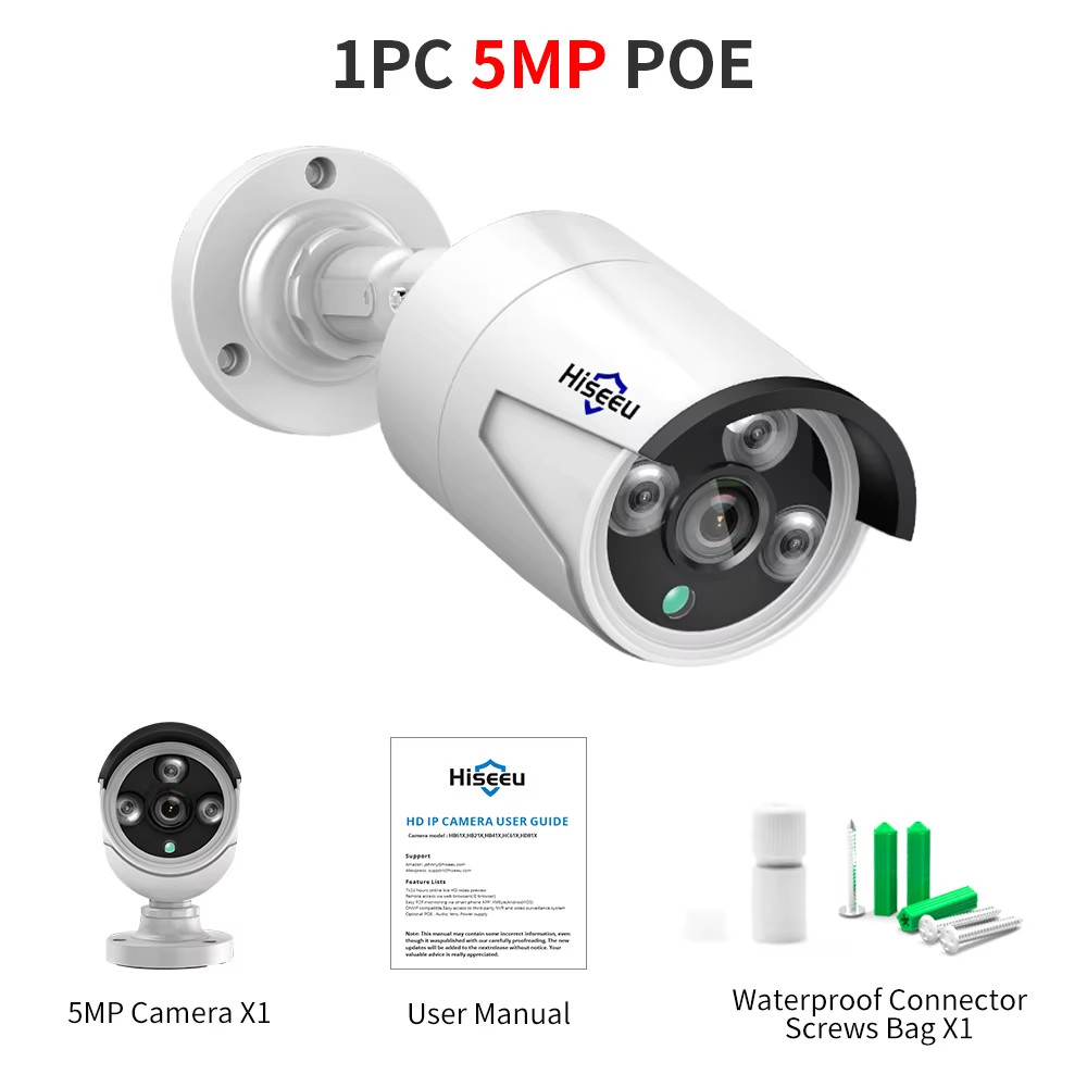 Hiseeu 5MP Audio IP Security Surveillance Camera POE H.265 Outdoor Waterproof IP