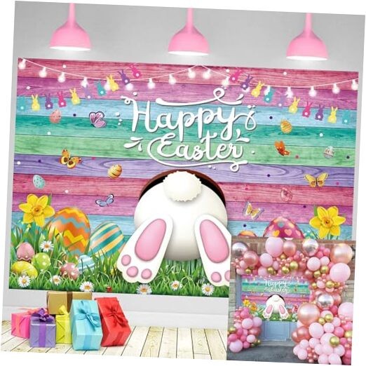 Happy Easter Backdrop Colorful Wood Wall 7x5FT(width 210cm x Height 150cm)
